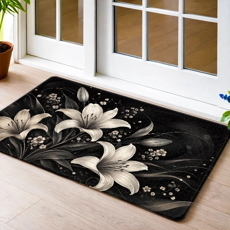 Monochrome Lily Flower Area Rug Elegant Black White Design Non Slip Indoor Entrance Mat For Bedroom Hallway Decoration Idea