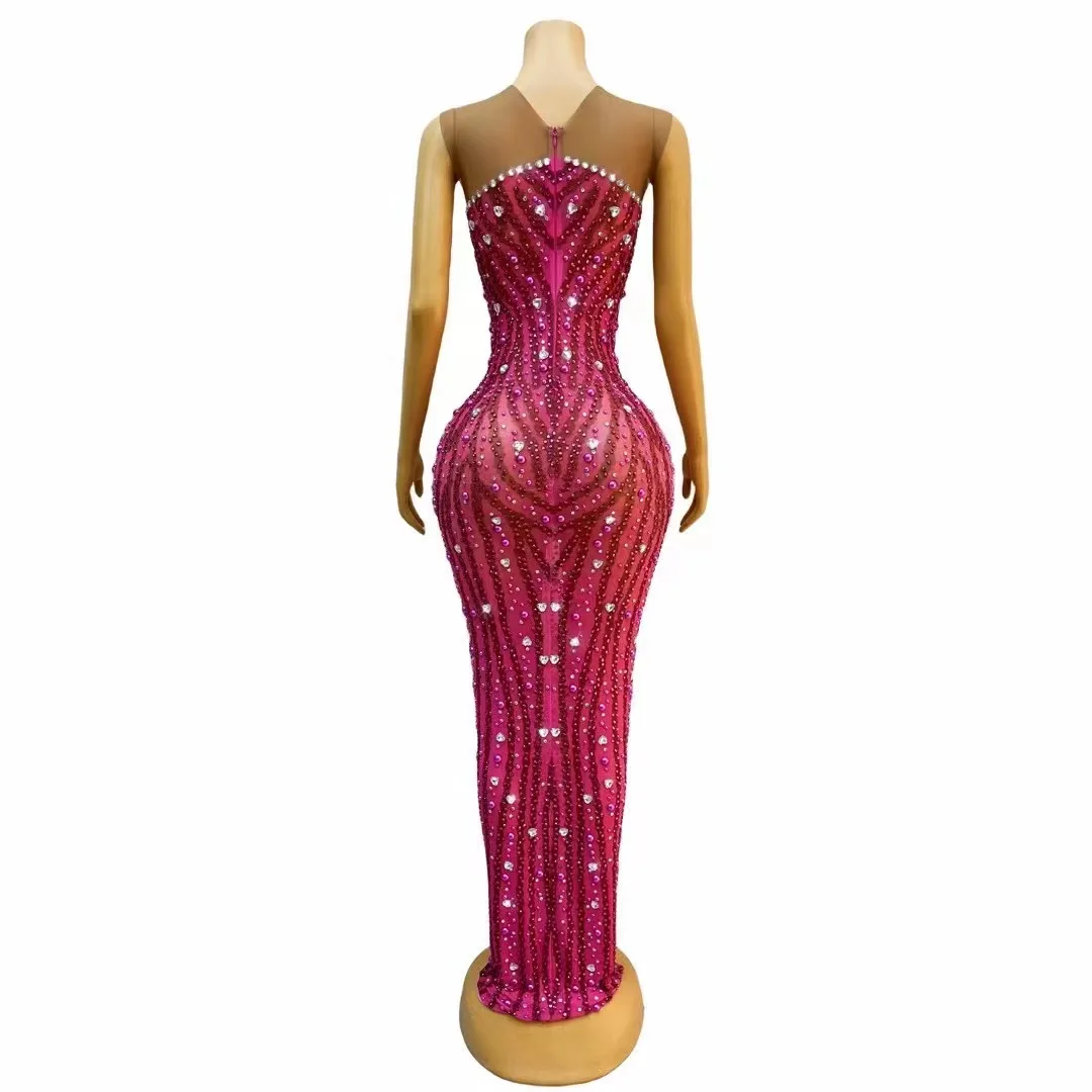Sexy Stage Rose Rhinetones Pearls Sleeveless Dress Birthday Evening Celebrate Costume Dance Birthday Party Show Evening Dress