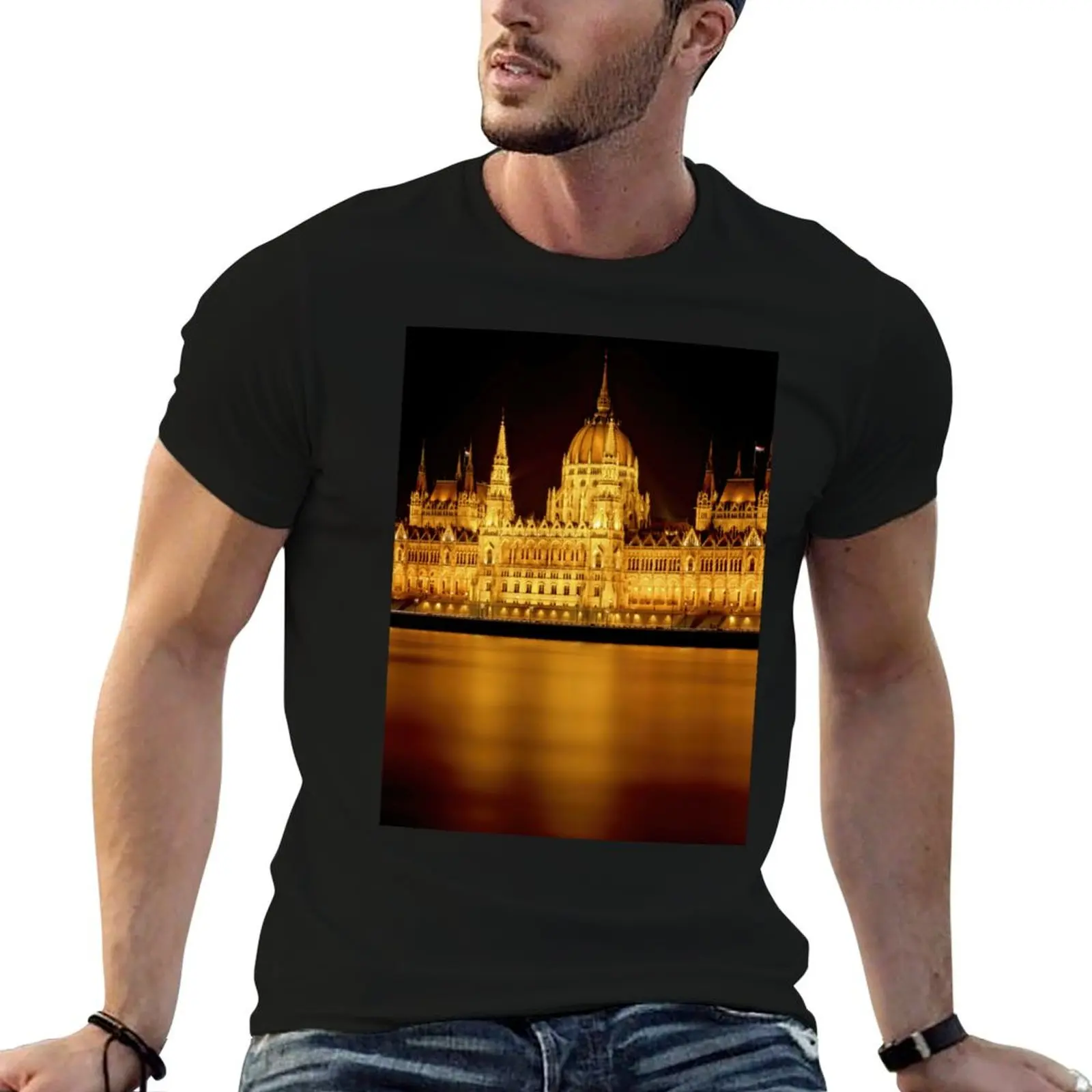 

Long Exposure Night Picture from Beautiful, Famous Parliament from Budapest, Capital of Hungary T-Shirt man tshirt T-Shirt