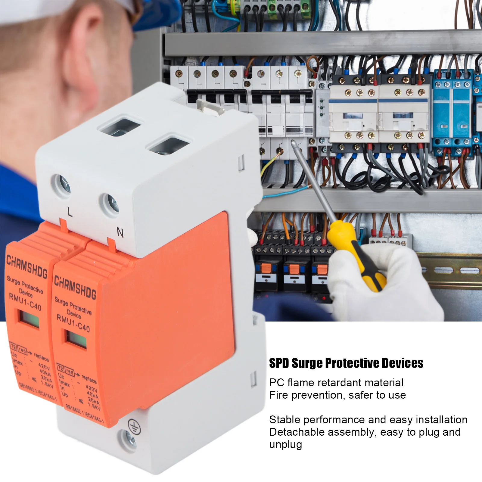 2Pcs SPD Surge Protective Devices AC Arrester Protector PC Flame Retardant Material Home Circuit Breaker 2P 420V RMU1-C20/40/60