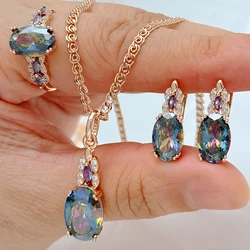 Kienl Hot Colorful Natural Zircon Ring Earrings Necklace for Women Luxury 585 Rose Gold Color Daily Wear 3pcs Jewelry Sets