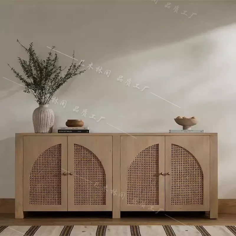 Retro Solid Wood Side Cabinet Black Rattan Wall Chest American Light Luxury Living Room TV Cabinet Bedroom Storage Furniture