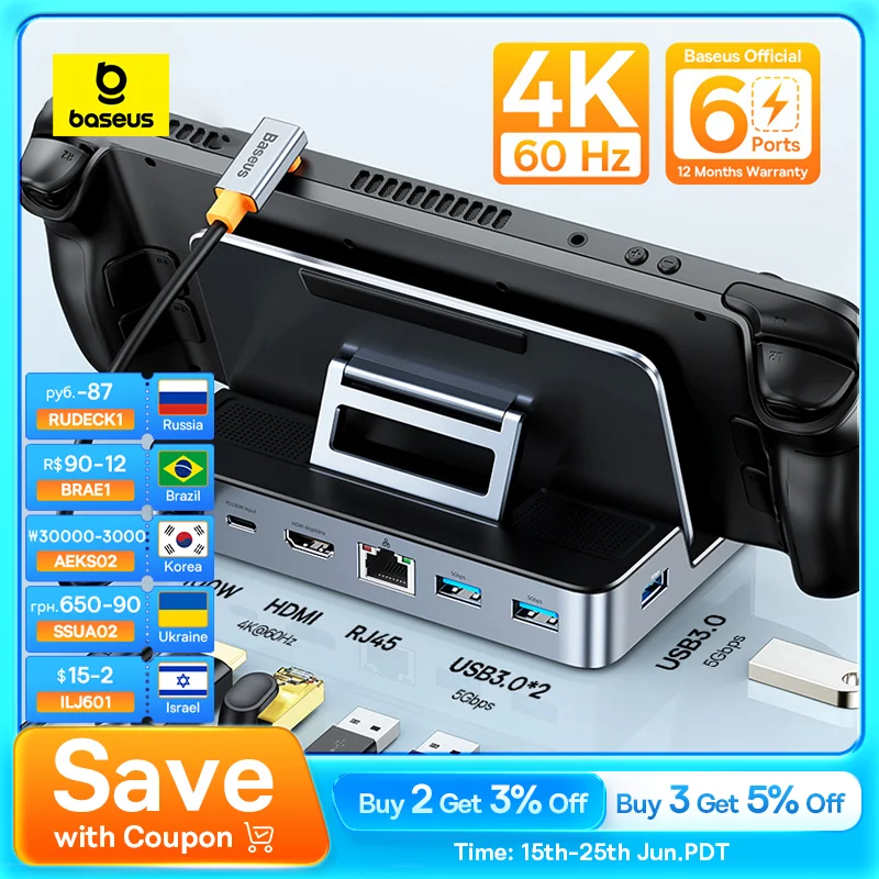 

Baseus USB C Docking Station for Steam Deck Nintend Switch Type C to HDMI-compatible 4K@60Hz RJ45 PD 100W Type C USB 3.0 Hub