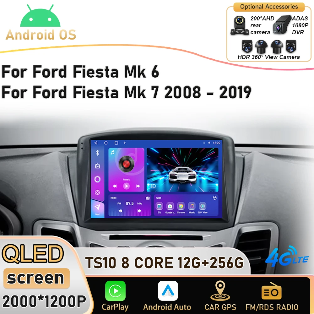 Radio para Auto con Carplay Android 16 para Ford Fiesta Mk 6 y Ford Fiesta Mk 7 2008 - 2019, Reproductor Multimedia de Video con Pantalla, GPS para Auto