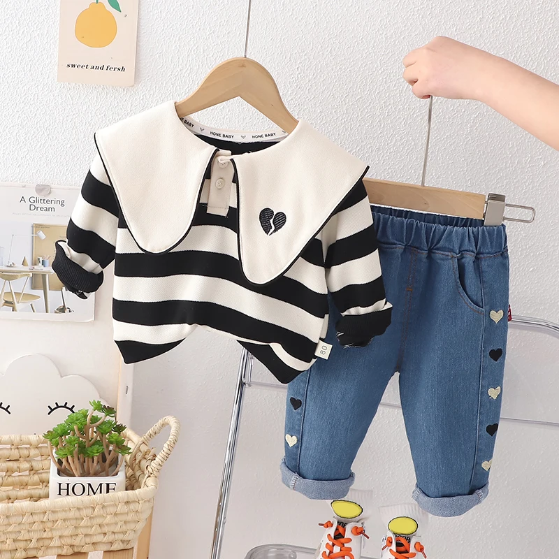 Baby Girls Stripe Sweatshirt Jeans 2 Pcs Suit Kids Sportswear Children Clothing Sets Spring Infant Outfits Princess Clothes