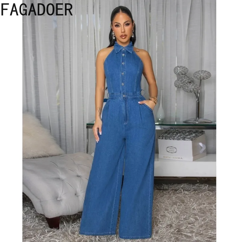 FAGADOER 레트로 패션 Bodycon 데님 점프 슈트 여성 솔리드 컬러 홀터 백 레스 스트레이트 Rompers 여성 streetwear 오버올