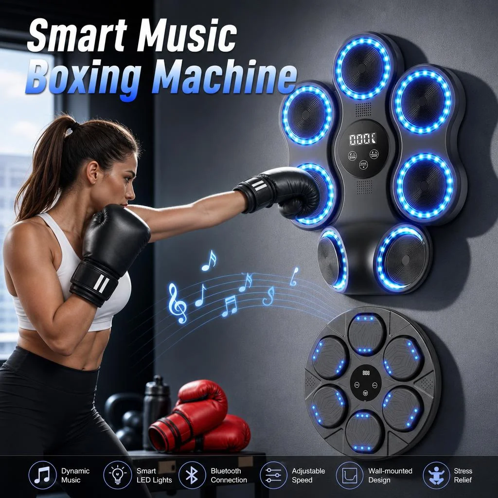 Machine de boxe musicale intelligente connectée par Bluetooth, avec gants, cible murale, sac de frappe, entraînement d'agilité et de réaction pour adultes et enfants, boxe sportive, détente, jeu de frappe à 9 vitesses, cible murale de boxe.