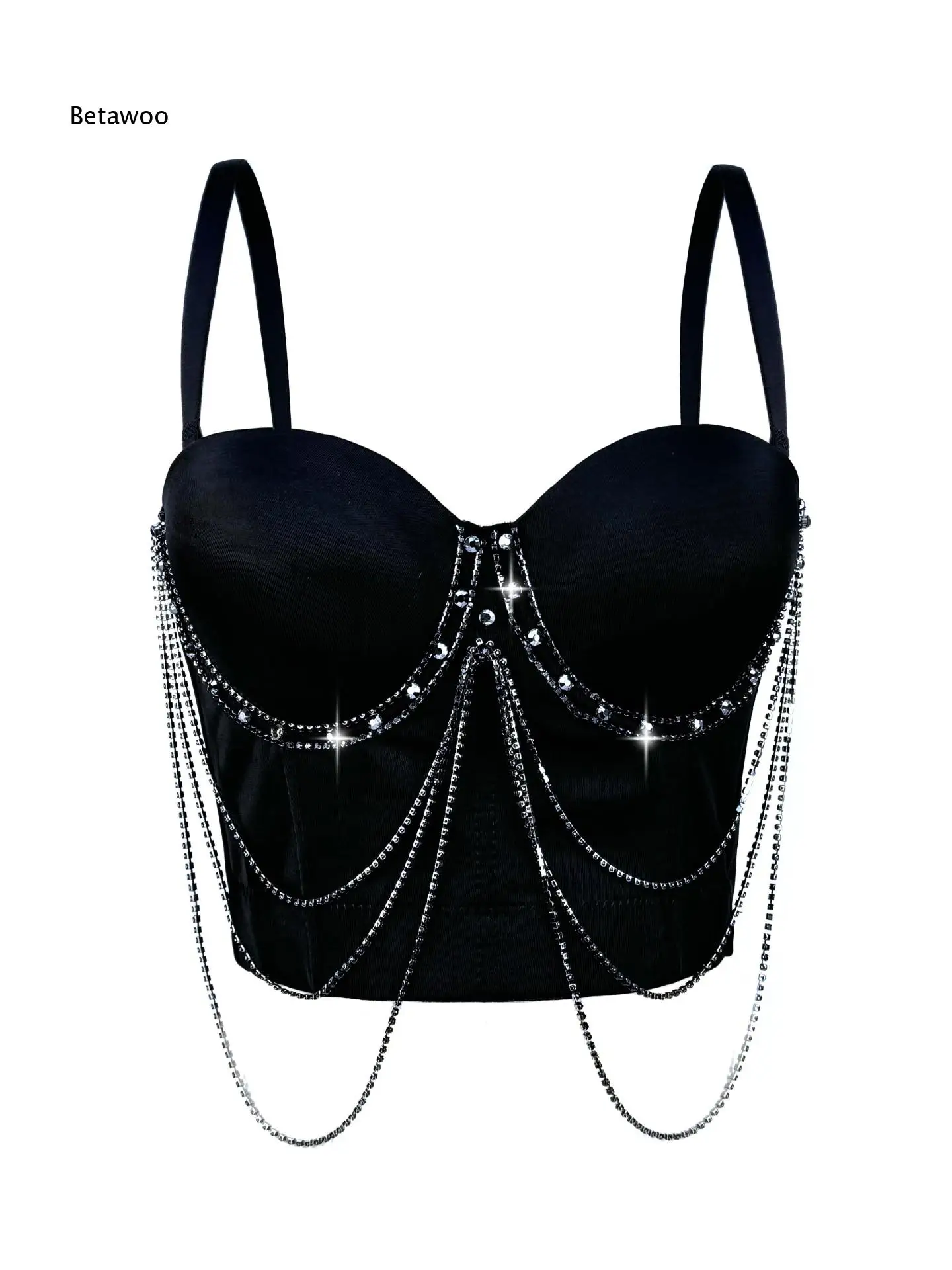 Tassel Chain Decorated Spaghetti Strap Corset Bustier Boning Shaping Slimming Sleeveless Top For Stage Performance Party Shows