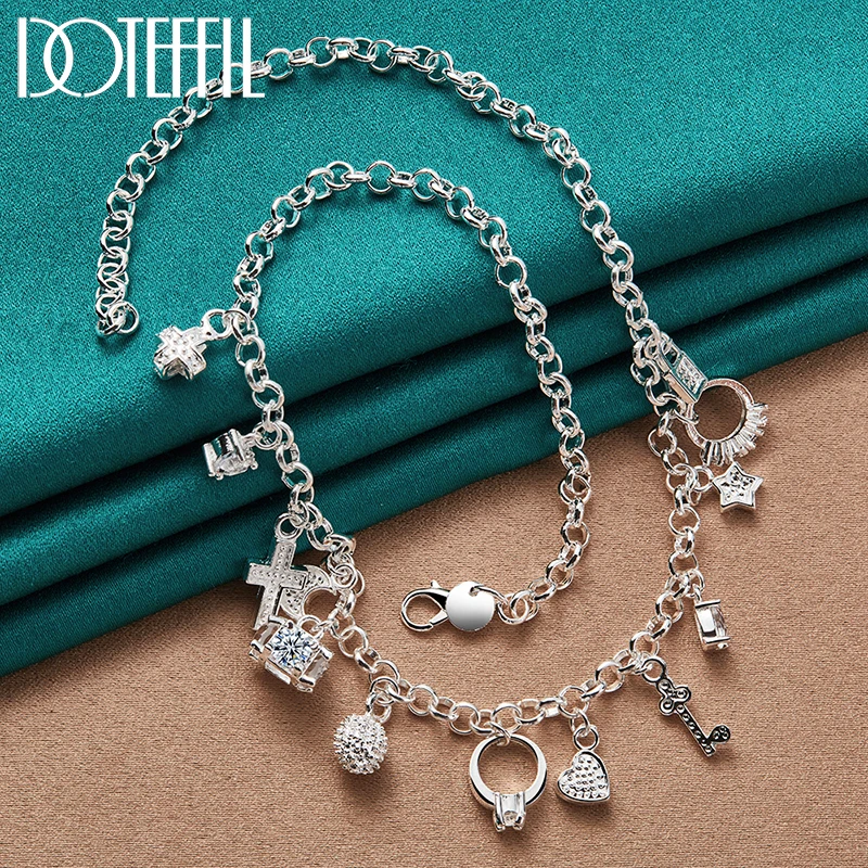 DOTEFFIL 2pcs 925 Sterling Silver Heart Ball Cross Star Pendant Necklace Bracelets Set For Women Man Wedding Engagement Jewelry