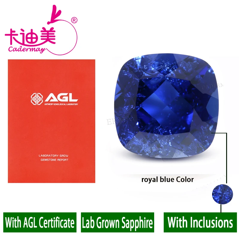 CADERMAY Cornflower Royal Blue Lab Grown Sapphire Loose Stone With Inclusions Cushion Shape AGL Certificate Jewelry Making
