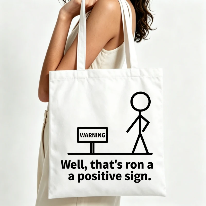 stick figure and warning sign graphic canvas tote bag with slogan-style print for casual daily use