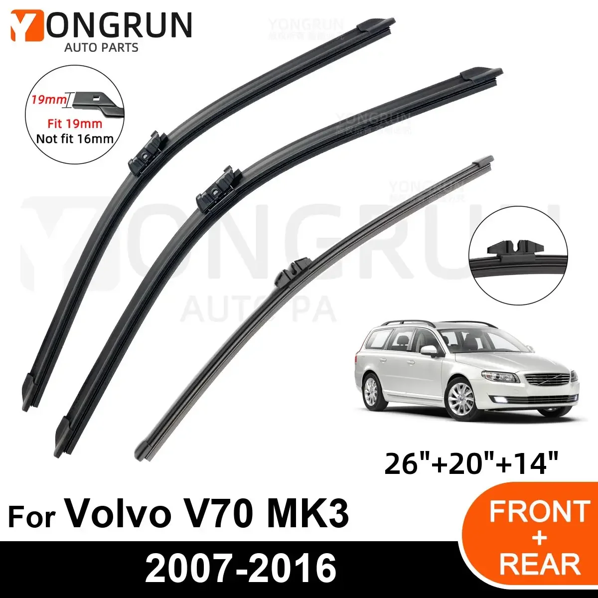 3PCS Car Wiper for Volvo V70 MK3 2007-2016 Front Rear Windshield Windscreen Wiper Blade Rubber Accessories