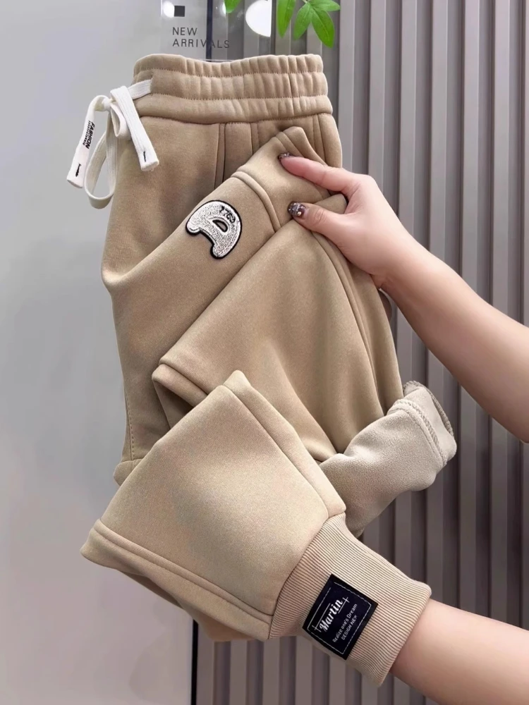 

Winter Velvet Sweatpants Women Fashion Y2k Street Casual Sports Trousers 2025 New High Waist Thicken Warm Nine-Point Haren Pants
