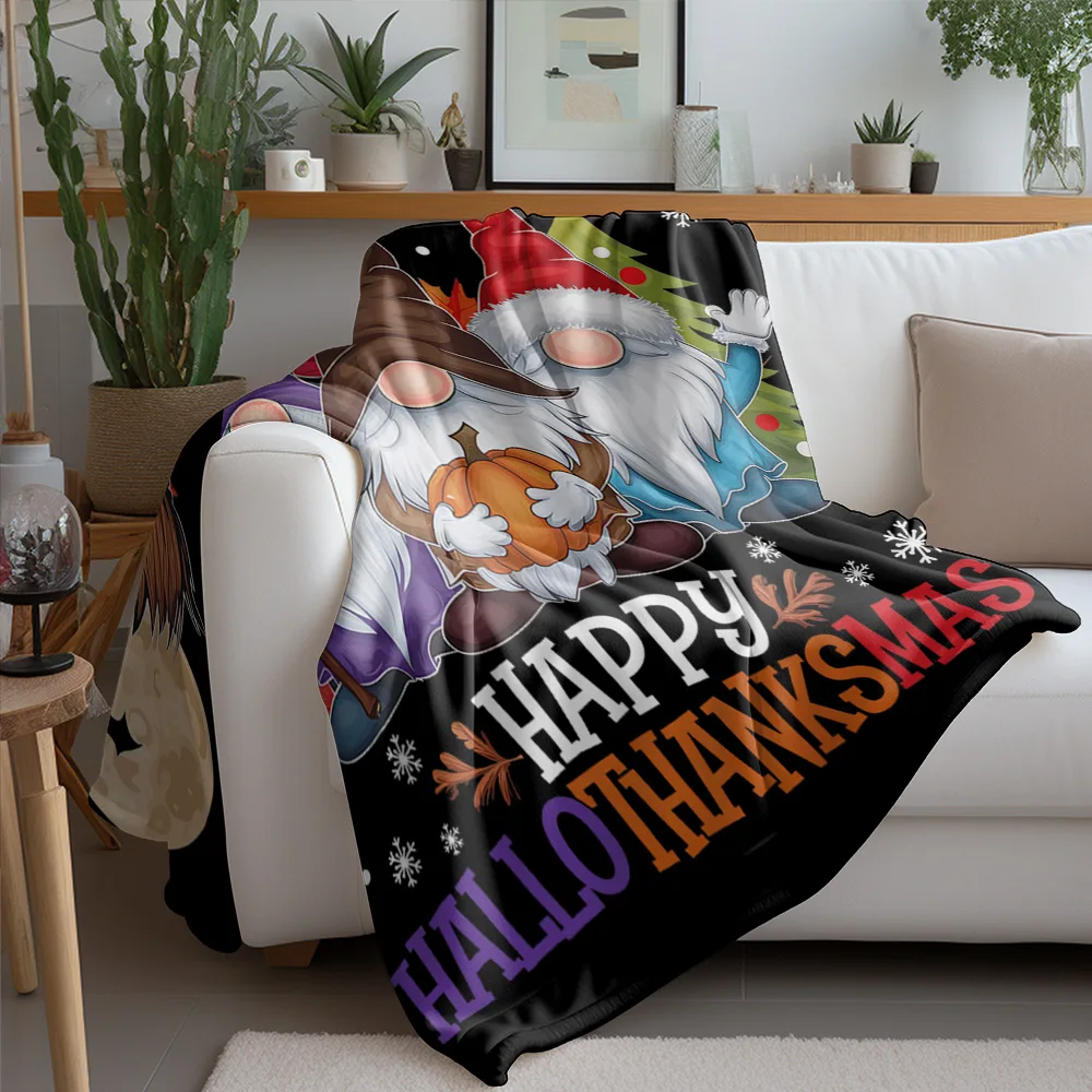 Hallo Thanksmas Fleece Blanket, 3-in-1 Holiday Design with Gnome Character, Halloween Thanksgiving Christmas Fusion Decor