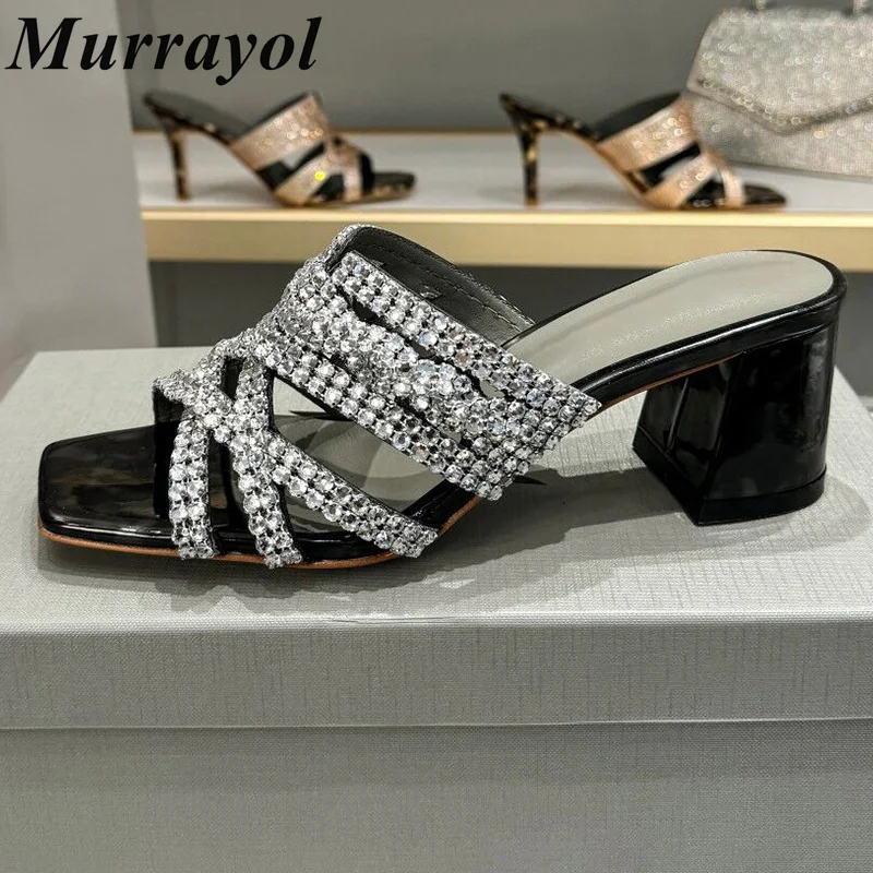 

Square Toe Open Toe Thick Heels Slippers Women Genuine Leather Glitter Rhinestone Decor Sandals Summer Dress Shoes Wedding Shoes