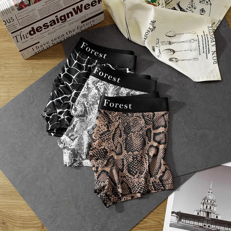 2 Pack Wild Python Print Ice Silk Boxer Briefs for Men Breathable Summer Underwear Flat Seams Youthful Four Corners Design