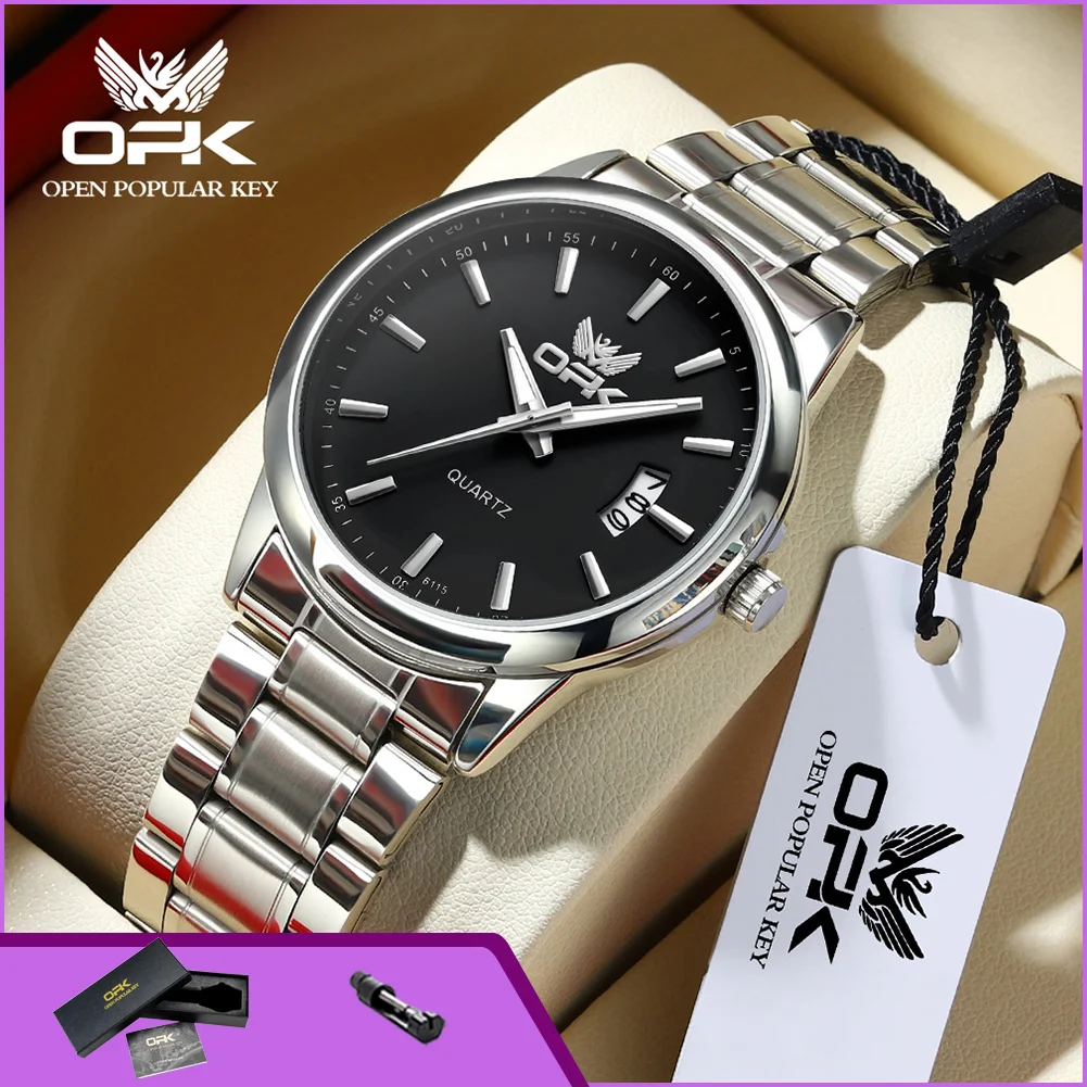 OPK 6010  Top Original Men Watch Stainless Steel Luminous Waterproof Auto Date Quartz Movement Luxury Wristwatch for Man