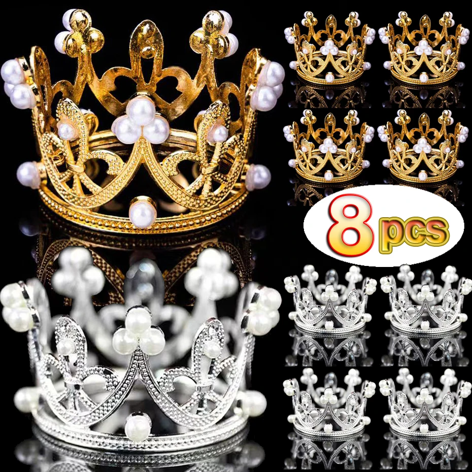 Pearl Crown Topper for Brithday Cake Decoration Kids baby Headwear Mini Gold Silver Crown Flower Kitchen Home Party Supplies