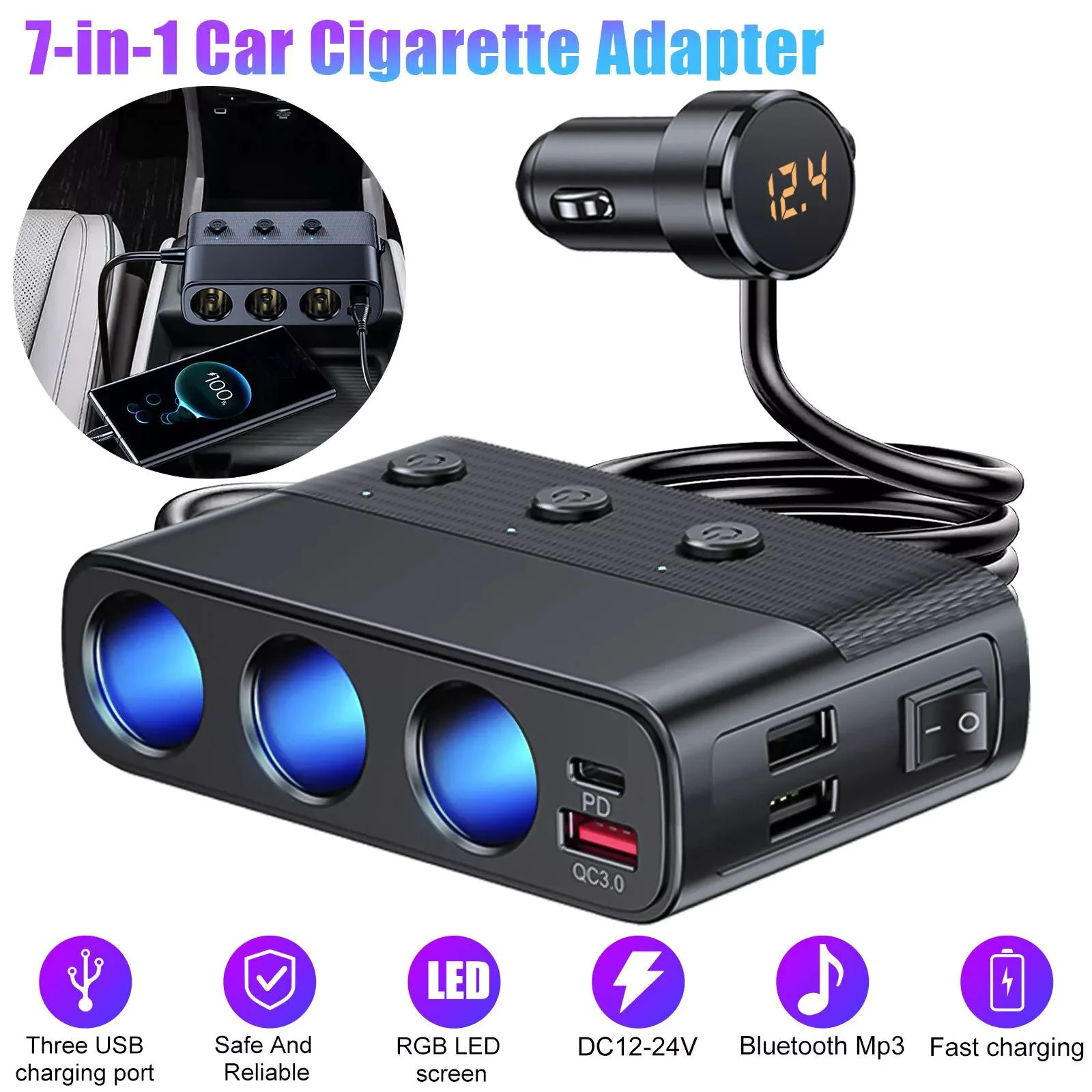 1PC 3 Socket Car Charger Splitter 12V/24V with PD30W QC3.0 USB C, LED Voltmeter & Independent Switches for GPS Dash Cam Phone