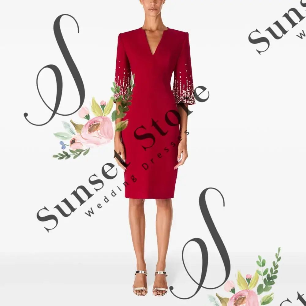 

Customized Red Crepe Long Evening Dress Fashion Customized Sequined Mermaid Prom Dress 2025 V-Neck Knee-Length Party Gowns