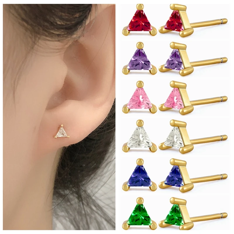 

925 Sterling Silver Needle Triangle Bling Crystal Mini Stud Earrings for Women Cartilage Piercing Gold Earrings Party Jewelry