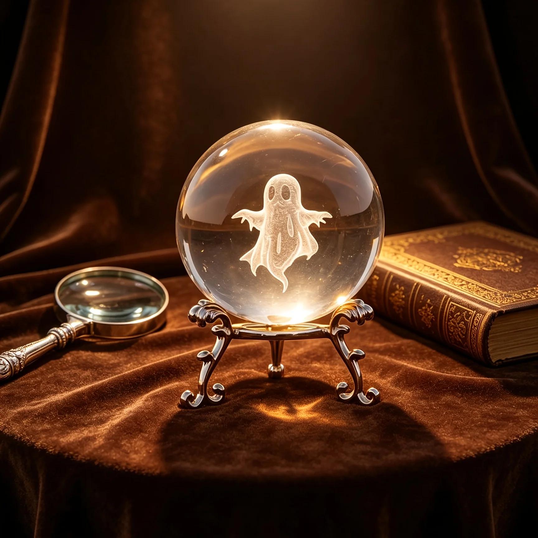 Ghost Engraved Crystal Ball, Spooky Halloween Gift, Crystal Engraved Little Ornament with Base - Gothic Tabletop Decoration. view 3