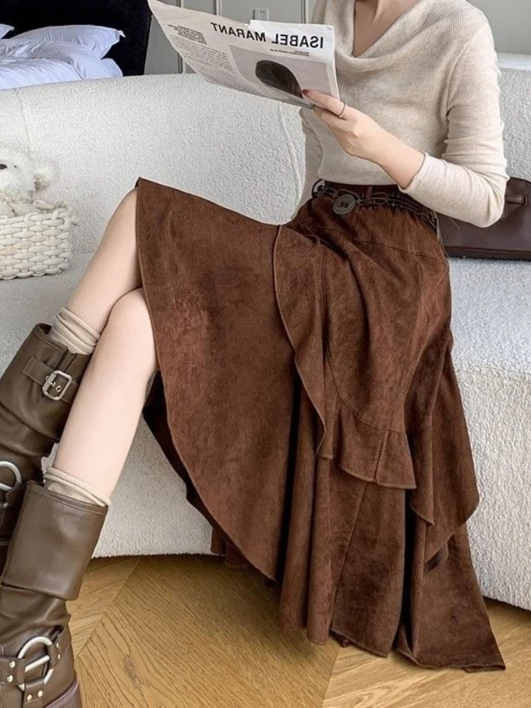 Autumn Winter American Retro Asymmetry Suede Midi Skirt Woman Bohemian Style Vintage Retro A-Line Skirts Lady Casual Long Skirts