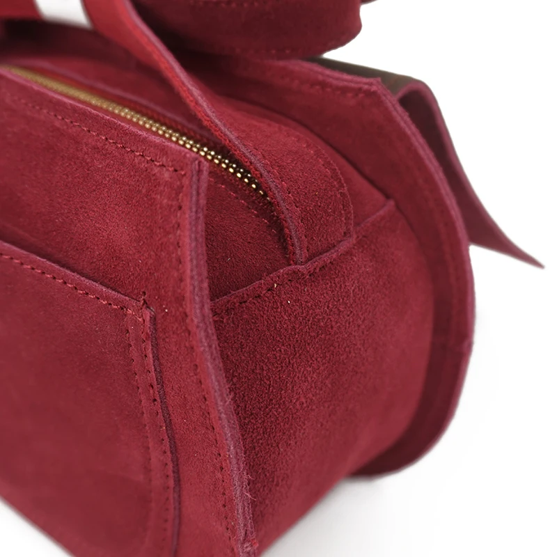 Women Genuine Leather Suede Small Size Saddle Bag Leisure Retro Bohemian Hippie Ibiza Fringed Burgundy Side Sling Shoulder Bag