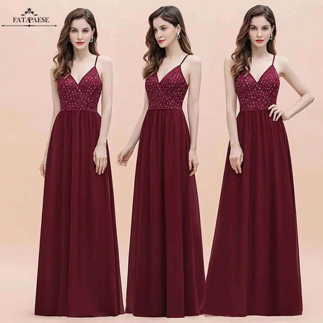 

FATAPAESE Simple Bridesmaid robes Maxi Red Dress for Women 100D Chiffon Party Gowns V-Neck Sequin Prom Dress Sexy robe de soiree