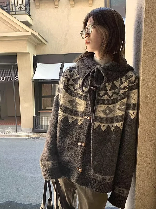 American Sle Thiened Fair Isle Knitted Open Cardigan ex Lazy Vintage Hooded Thiened Sweater Coat for Youth Casual Wear