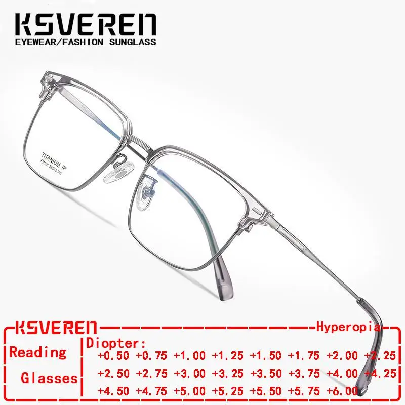 

KSVEREN Titanium Frame Reading Glasses Women For Men Square Anti Blue Light Computer Glasses Optical Eyewear Presbyopic Readers