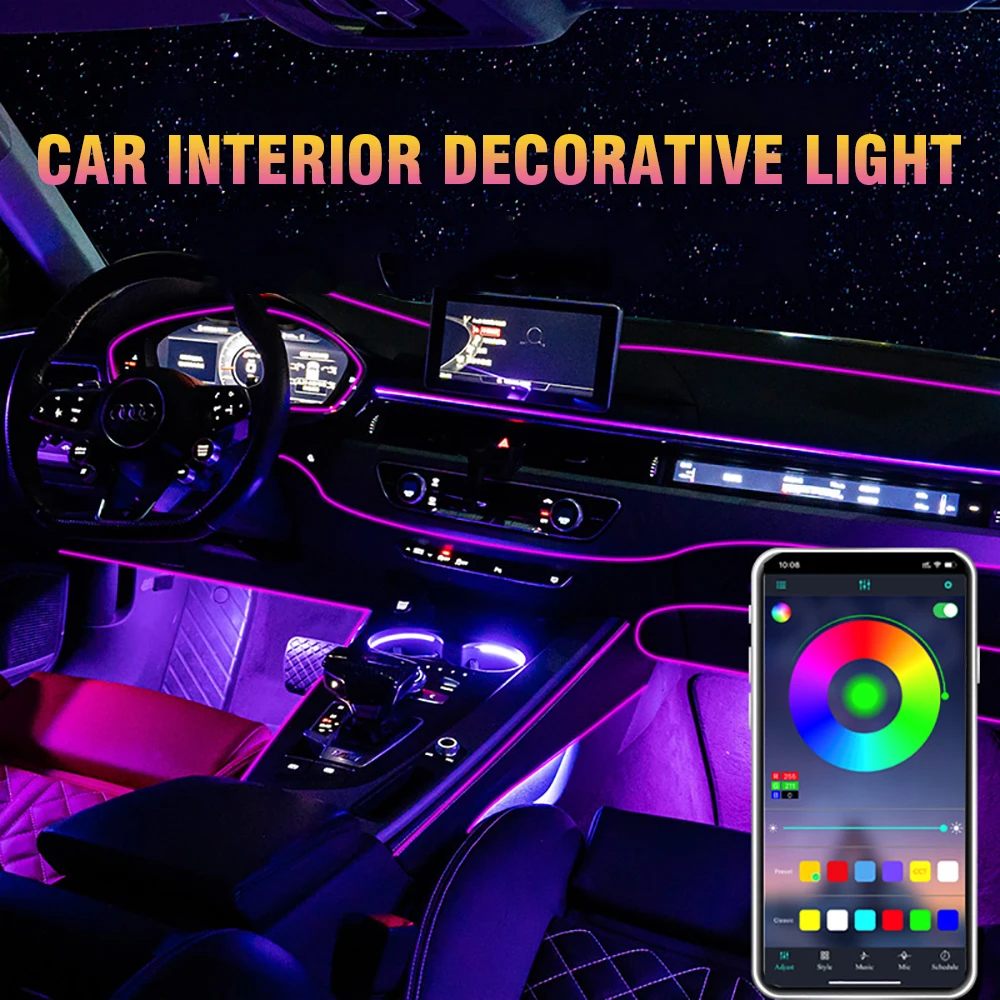 

OKEEN RGB LED Car Interior Light Atmosphere Ambient Light Strips With App Control Fiber Optic Neon LED Auto Decorative Lamps 12V