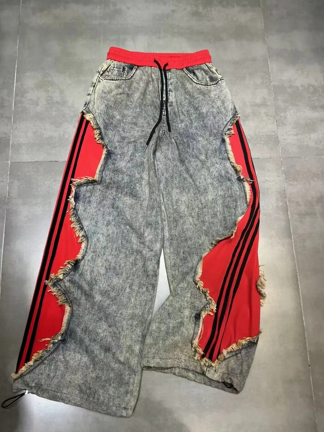 

Trendy Drawstring Casual Women's Jeans Spring Summer New Style Side Color Block Striped Washed Grey Pants Natural Waist Denim