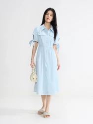 DUSHU Women's Commuter Solid Blue Long Shirt Dress 2024 Summer New Classic Design Polo Collar Dress For Female 24DS82719