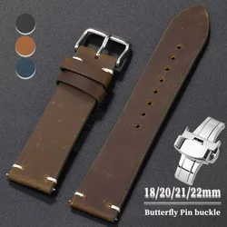 Retro Leather Watch Band 20mm 22mm 18mm 21mm Universal Replacement Strap Double Press Folding Butterfly Buckle Oil Wax Bracelet