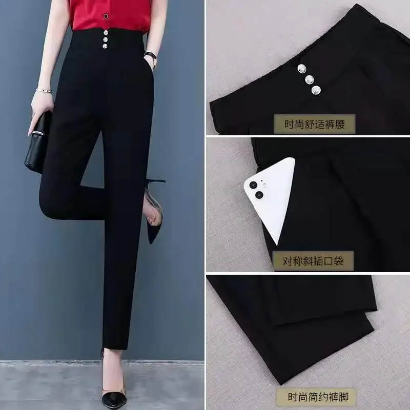 Female Clothing Spring Summer Pants Women Solid Color Pencil Button Pockets Elastic Waist Elegant Fashion Vintage Trousers