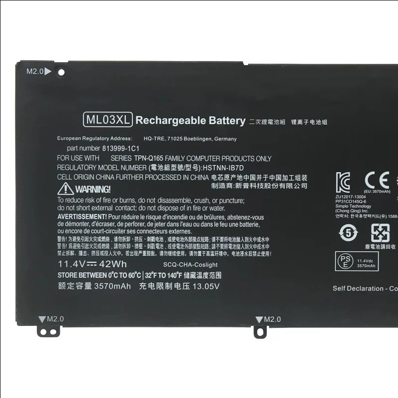 CP Laptop Battery HSTNN-IB7D 814277-005 813999-1C1 TPN-Q165 ML03XL 11.4V/42WH/3570mAh For Spectre X2 12-A000 12-A001DX Series