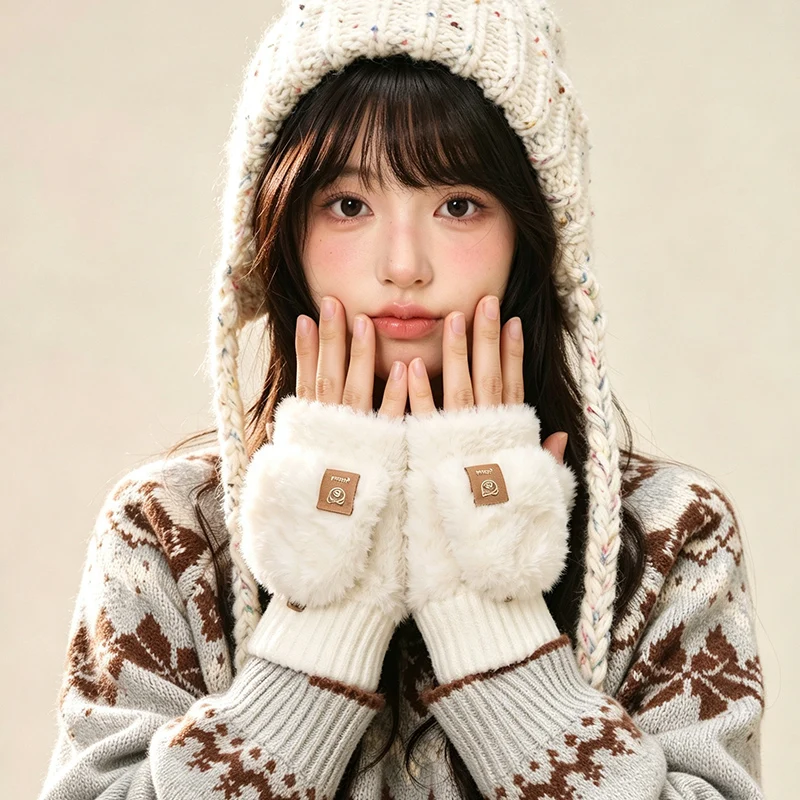 Fleece-Lined and Thickened Plush Half-Finger Flip-Up Gloves for Women, Winter Cold-Proof and Warm Cycling Fingerless Gloves