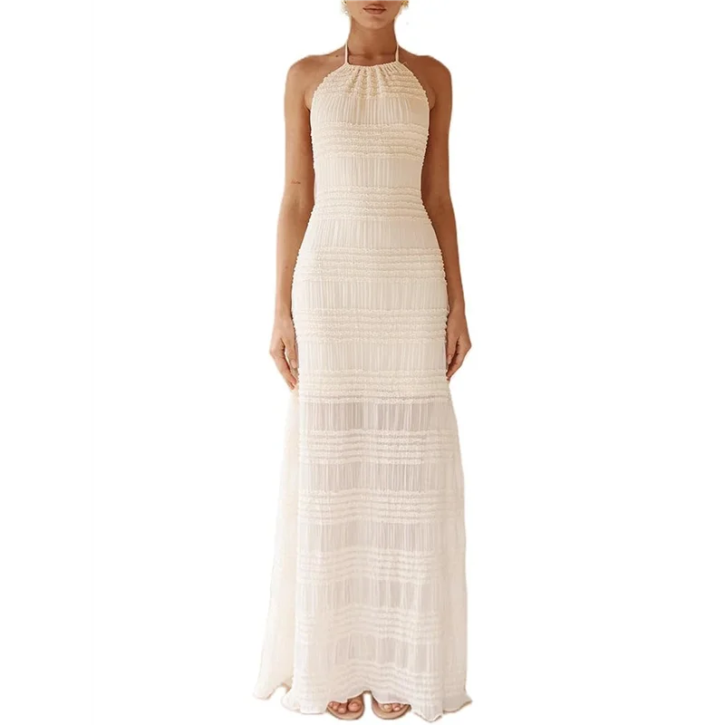 ABRT-dames backless geplooide maxi-jurk halternek spaghettibandjes strand maxi-jurk vakantie casual zonnejurk