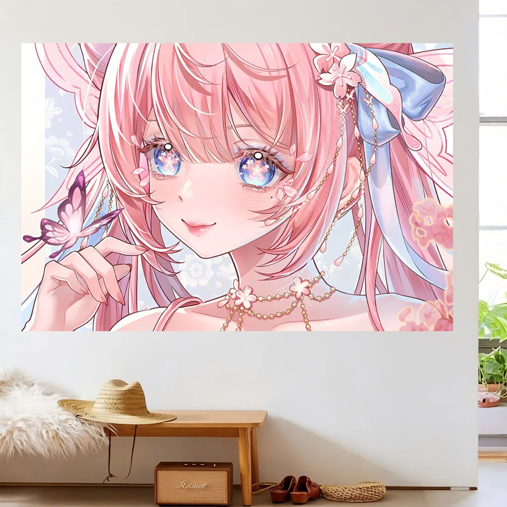 Pink Hair Sakura Anime Girl Tapestry Cherry Blossom Blue Eyes Butterfly Bow Bedroom Dorm Kawaii Soft Aesthetic Room Decor Gift