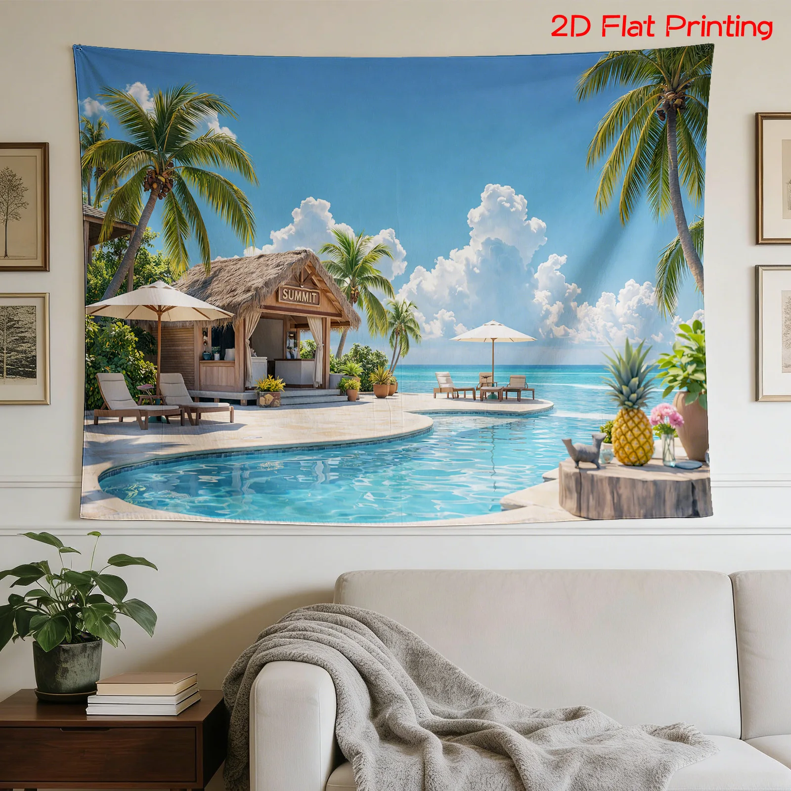 Luxury Tropical Beach Paradise Tapestry Canvas Wall Hanging Blue Ocean Pool Resort Decor Bohemian Coastal Style Home Art Poster