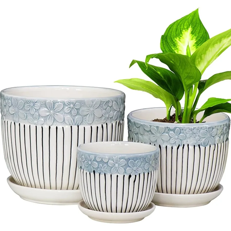 

Ceramic Plant Pots Set of 3 6.75 5.6 4.2 inch Planters with Drainage Holes and Saucer Flower Pot Outdoor Indoor Modern Drative