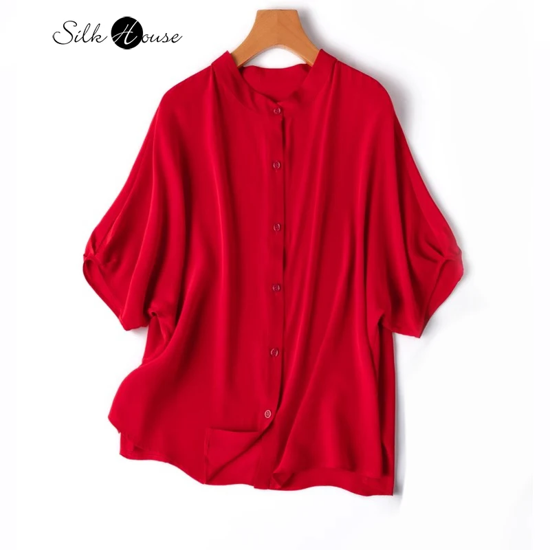 

2025 Women's Fashion Summer New 20MM Heavy Weight 100% Natural Mulberry Silk Crepe De Chine Red Stand Up Batwing Sleeve Shirt