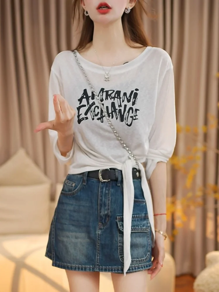 White Long Sleeve T-Shirt Letter Print round Neck Women's Spring Autumn New Side Tie Air Conditioned Sun Protection Cover up