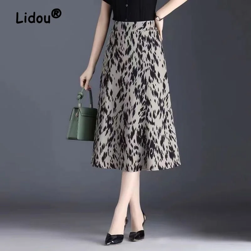 Fashion Printing Leopard Thin A-word Large Swing Skirt Women Classic High  Loose Temperament All-match Office Lady Skirt