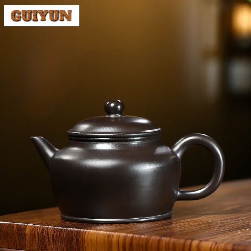 

250ml High-end Yixing Purple Clay Teapots Handmade Flat Pot Raw Ore Black Zhu Mud Kettle With Infuser Chinese Zisha Tea Set Tea