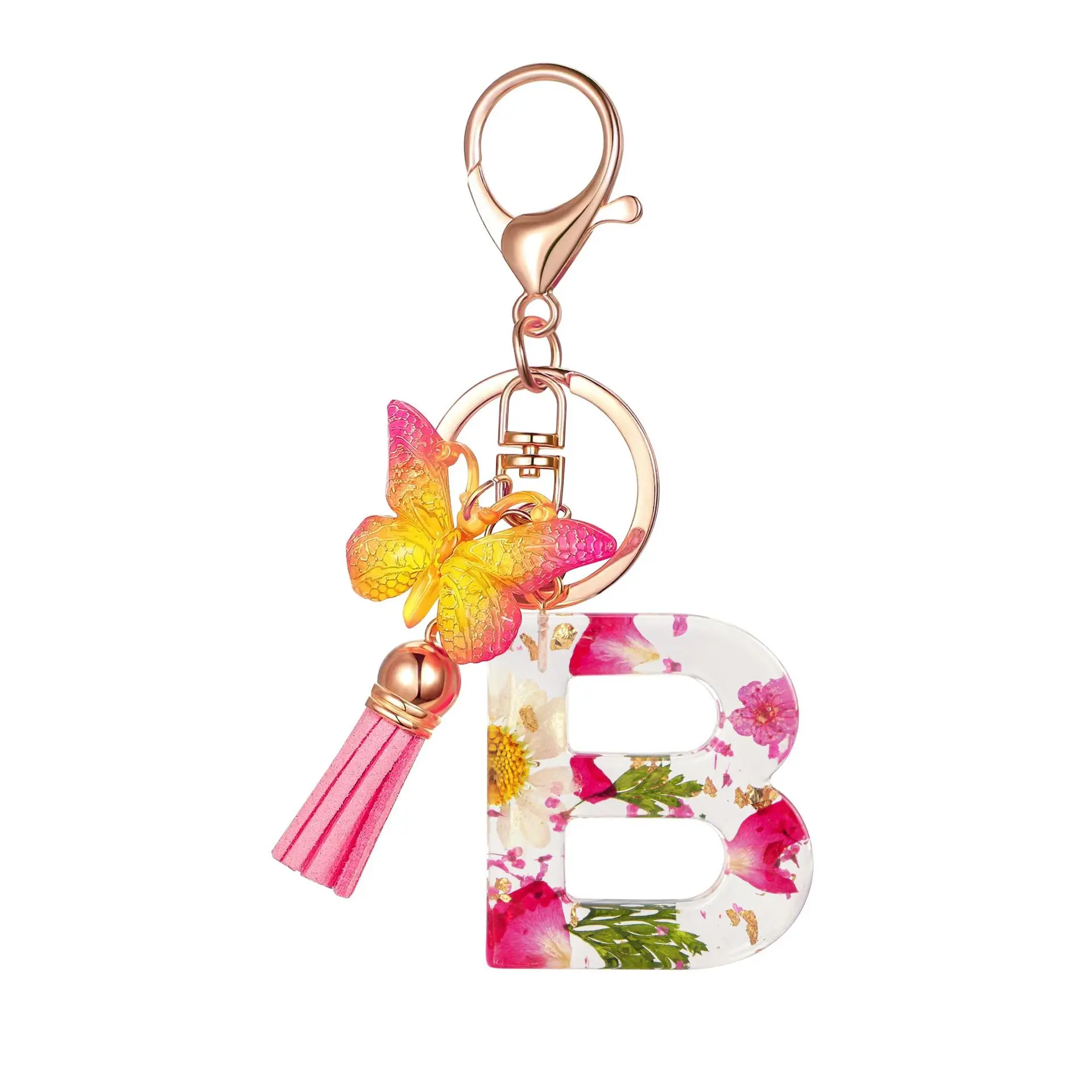 New Tassel Butterfly Flower Resin Keychain Versatile 26 Letter Keychain Backpack Pendant Wholesale