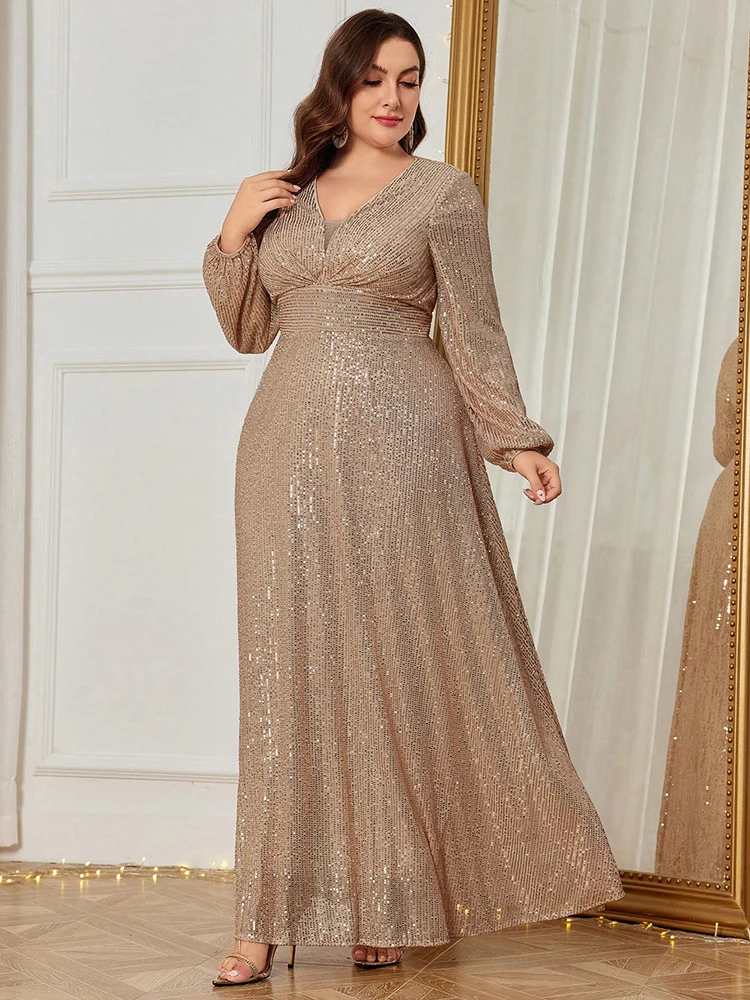 TOLEEN 2024 New Womens Luxury Elegant Formal Long Maxi Dresses Plus Size V-Neck Lantern Sleeve Sequin Party Evening Prom Dress