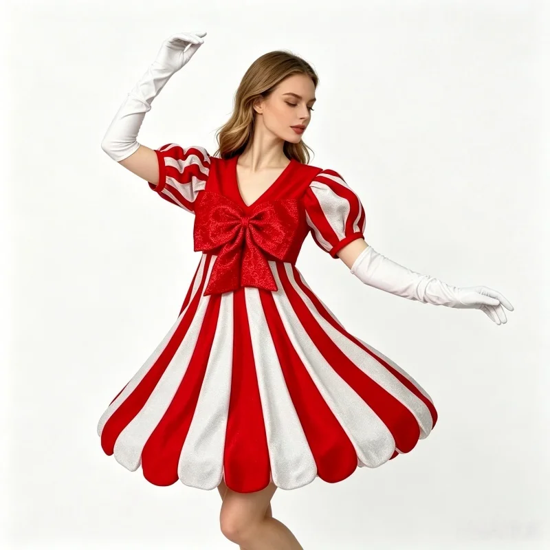 Women's Red & White Striped Clown Costume with Long Gloves Christmas Carnival Halloween Festival Performance Fancy Party Dress