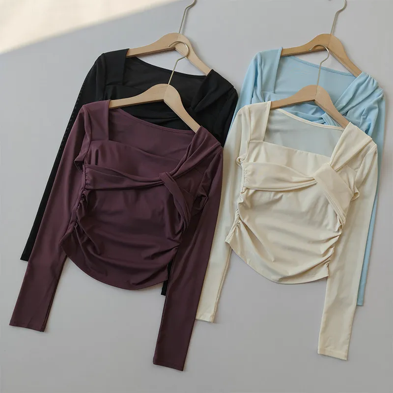 Damen Herbst-Winter Yoga Mesh Atmungsaktives Lauf-Sport-Langarm-Crop-Top mit Brustpolstern, Hochwertige Fitness-Oberteile – Detail 13